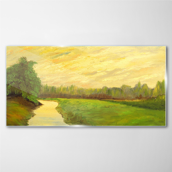 A peaceful landscape with a river and trees Glass Print
