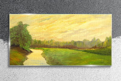 A peaceful landscape with a river and trees Glass Print