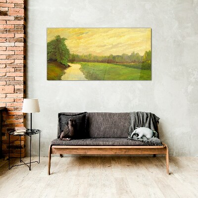 A peaceful landscape with a river and trees Glass Print