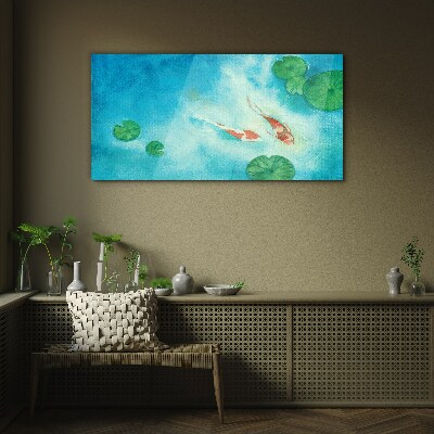 Koi in blue water Glass Print