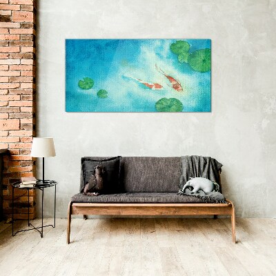 Koi in blue water Glass Print