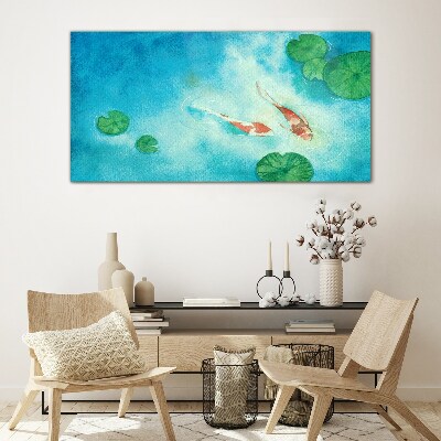 Koi in blue water Glass Print