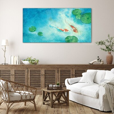 Koi in blue water Glass Print
