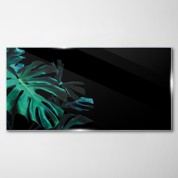 Green leaves on a black background Glass Print