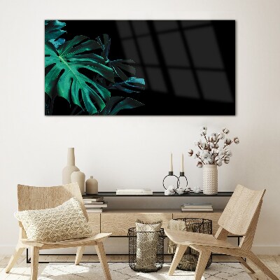Green leaves on a black background Glass Print