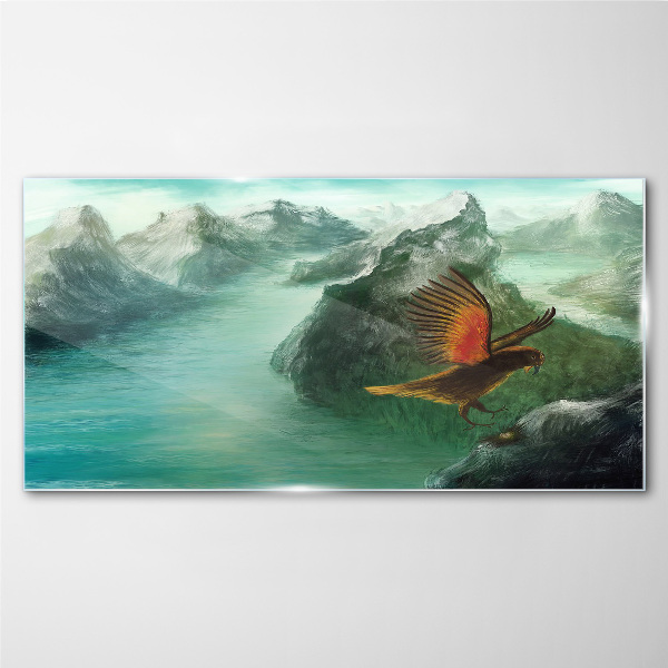 Eagle over a mountain lake Glass Print