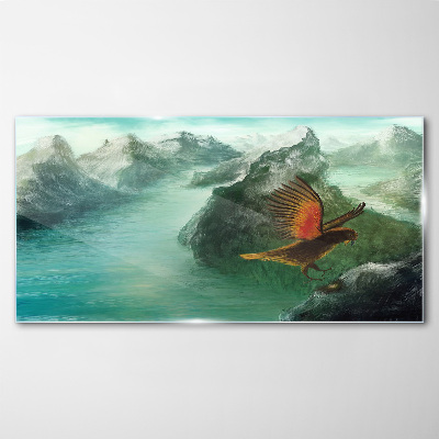 Eagle over a mountain lake Glass Print