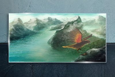 Eagle over a mountain lake Glass Print