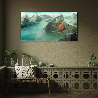 Eagle over a mountain lake Glass Print
