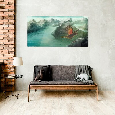 Eagle over a mountain lake Glass Print