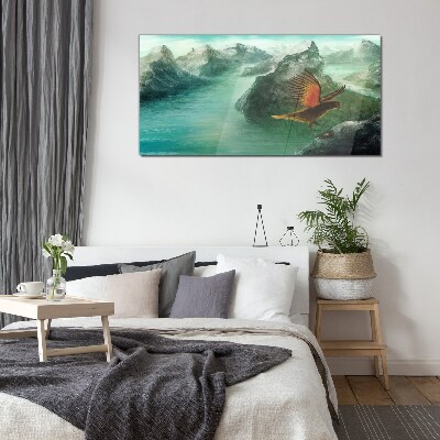 Eagle over a mountain lake Glass Print