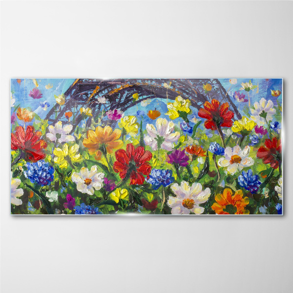 Floral landscape with the Eiffel Tower Glass Print
