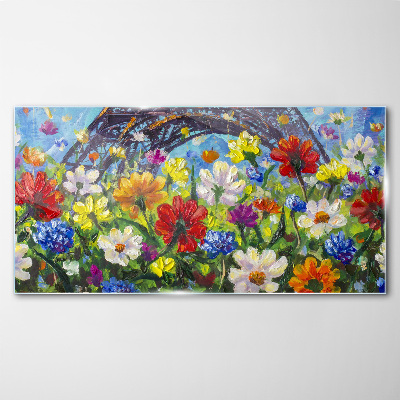 Floral landscape with the Eiffel Tower Glass Print