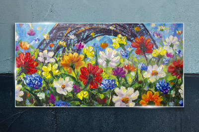 Floral landscape with the Eiffel Tower Glass Print