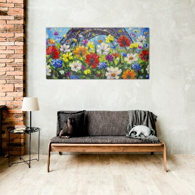 Floral landscape with the Eiffel Tower Glass Print