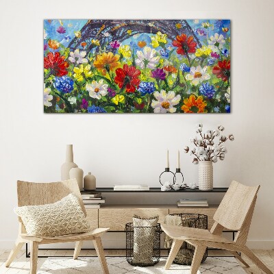 Floral landscape with the Eiffel Tower Glass Print