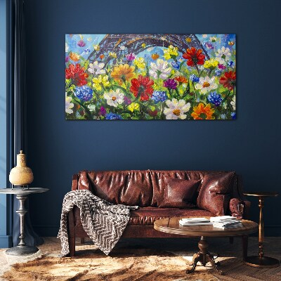Floral landscape with the Eiffel Tower Glass Print