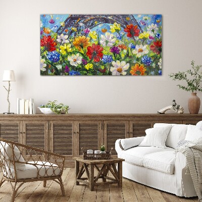 Floral landscape with the Eiffel Tower Glass Print