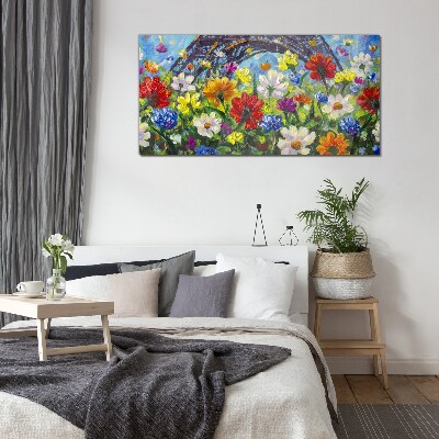 Floral landscape with the Eiffel Tower Glass Print