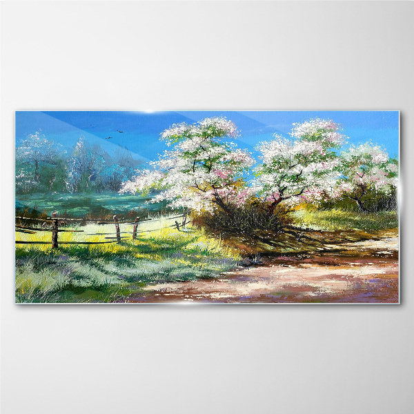 Spring landscape with blooming trees Glass Print