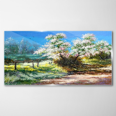 Spring landscape with blooming trees Glass Print