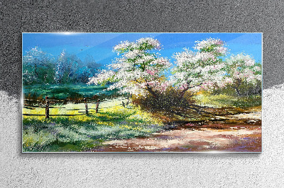 Spring landscape with blooming trees Glass Print