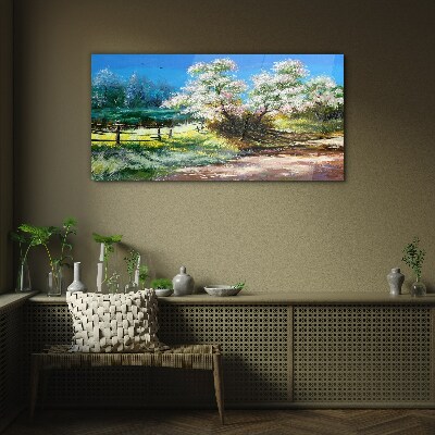 Spring landscape with blooming trees Glass Print