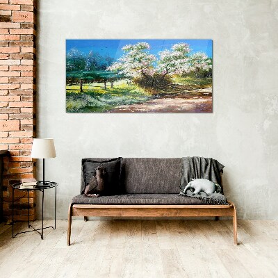 Spring landscape with blooming trees Glass Print