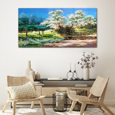 Spring landscape with blooming trees Glass Print