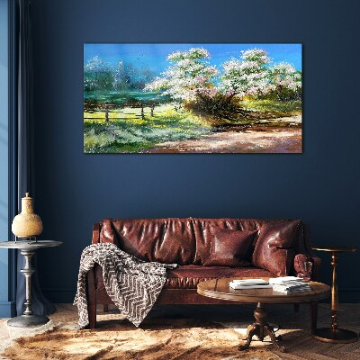 Spring landscape with blooming trees Glass Print