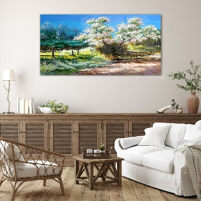 Spring landscape with blooming trees Glass Print