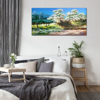 Spring landscape with blooming trees Glass Print