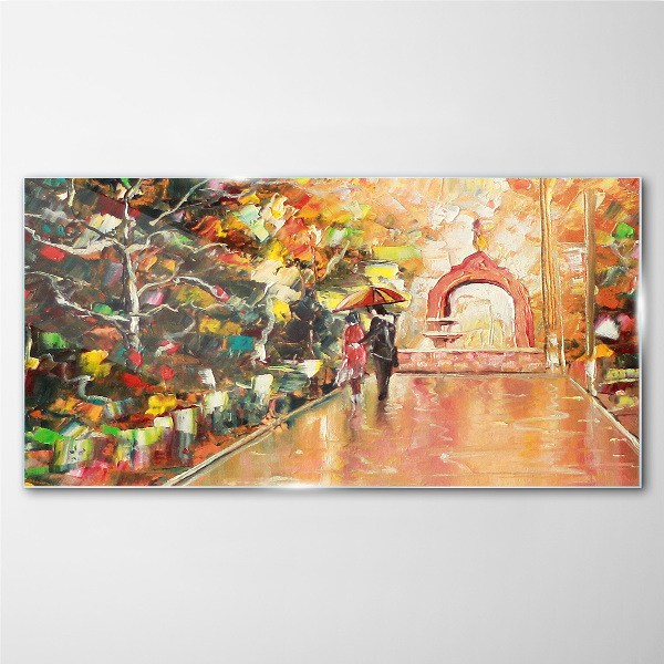 Autumn alley with umbrellas Glass Print