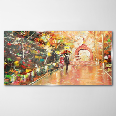 Autumn alley with umbrellas Glass Print