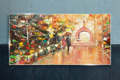 Autumn alley with umbrellas Glass Print