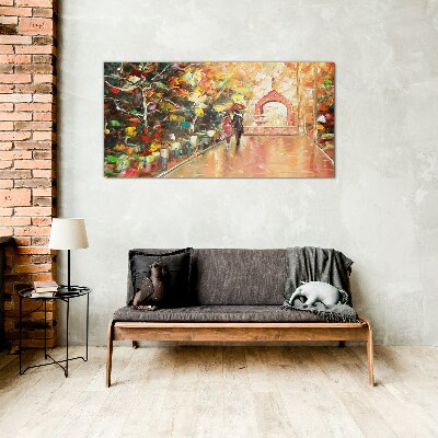 Autumn alley with umbrellas Glass Print