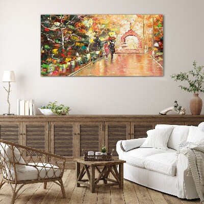 Autumn alley with umbrellas Glass Print