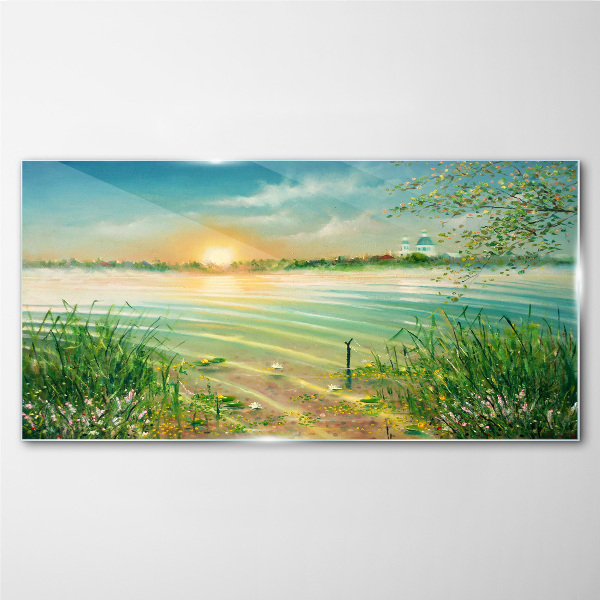 A quiet morning by the lake Glass Print
