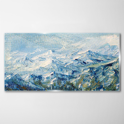 Mountain landscape in shades of blue Glass Print