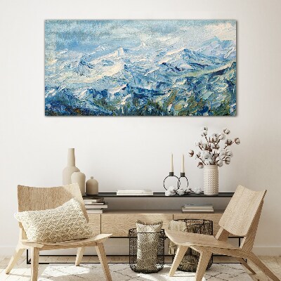 Mountain landscape in shades of blue Glass Print