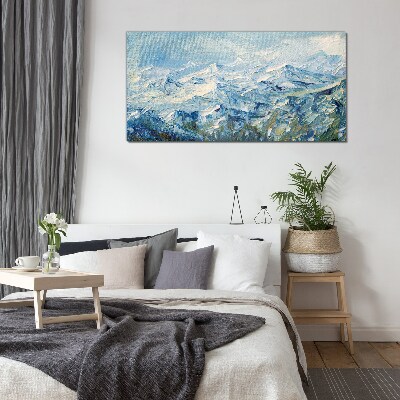 Mountain landscape in shades of blue Glass Print