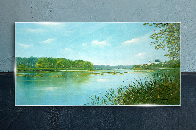 A peaceful landscape by the water Glass Print