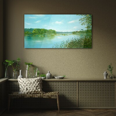 A peaceful landscape by the water Glass Print