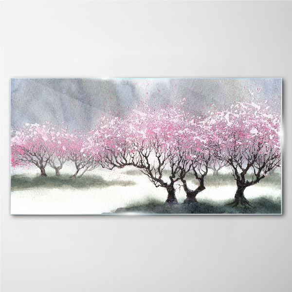 Blossoming trees in the spring haze Glass Print