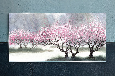 Blossoming trees in the spring haze Glass Print