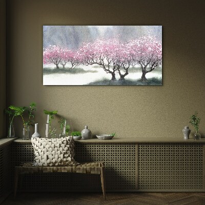 Blossoming trees in the spring haze Glass Print