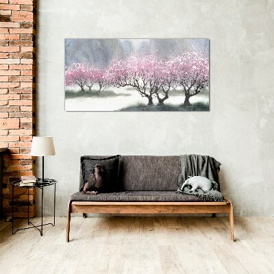 Blossoming trees in the spring haze Glass Print