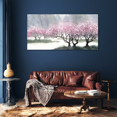 Blossoming trees in the spring haze Glass Print