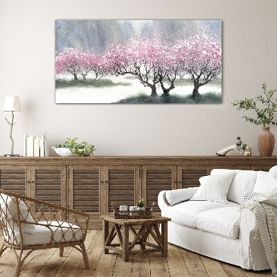 Blossoming trees in the spring haze Glass Print