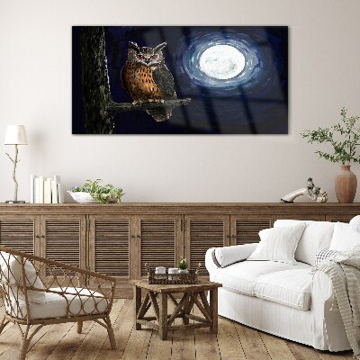 Tree branch night owl moon Glass Wall Art